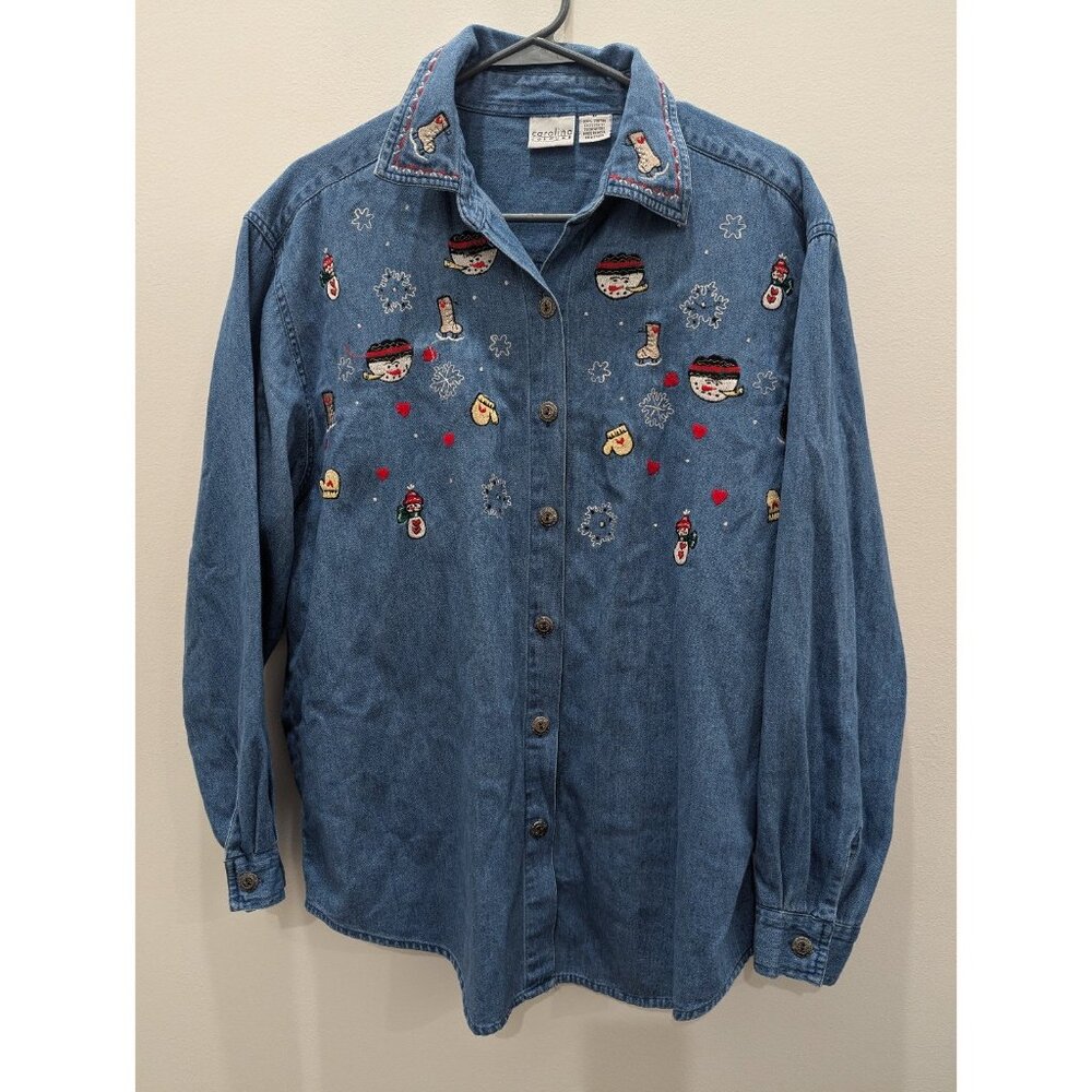 Vintage Carolina Colours Jean Button-Up Shirt Winter Holiday Snowman Snow Size M